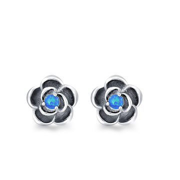 Flower Stud Earrings Lab Created Blue Opal 925 Sterling Silver (10mm)